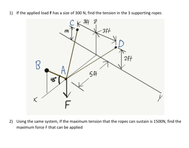 1) If the applied load F has a size of 300 N, find the tension in the 3 supporting ropes
34 2
3ft
2ft
F
2) Using the same system, If the maximum tension that the ropes can sustain is 150ON, find the
maximum force F that can be applied
Uk
