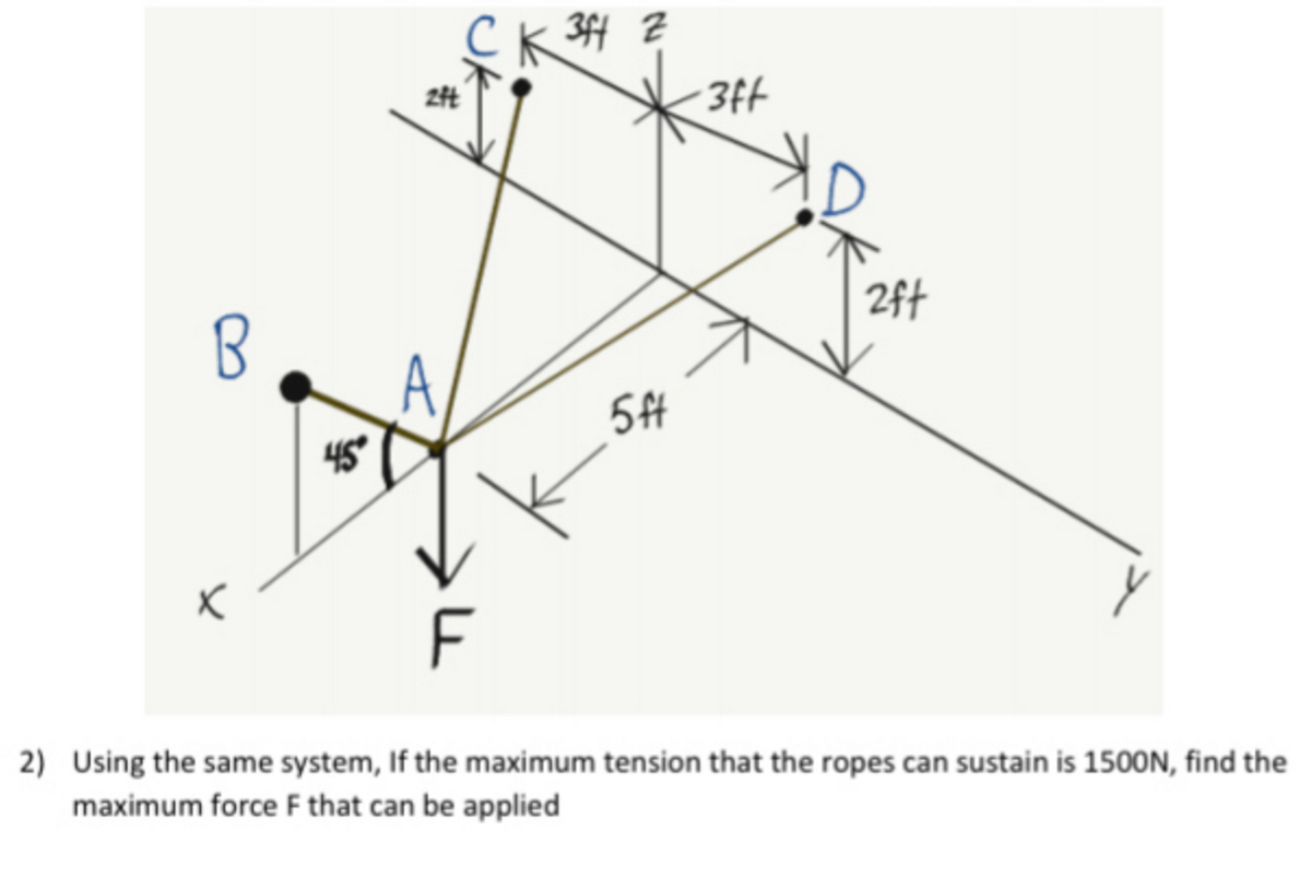 3H 2
3ft
2ft
5#
F
2) Using the same system, If the maximum tension that the ropes can sustain is 1500N, find the
maximum force F that can be applied
Uk
