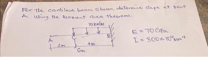 For the cantileve beam shown, determine slope at point
A using the moment area theorems.
10KN/M
+
2m
6m
4m
B
E = 70GPa
I= 300x 10 mm ²4