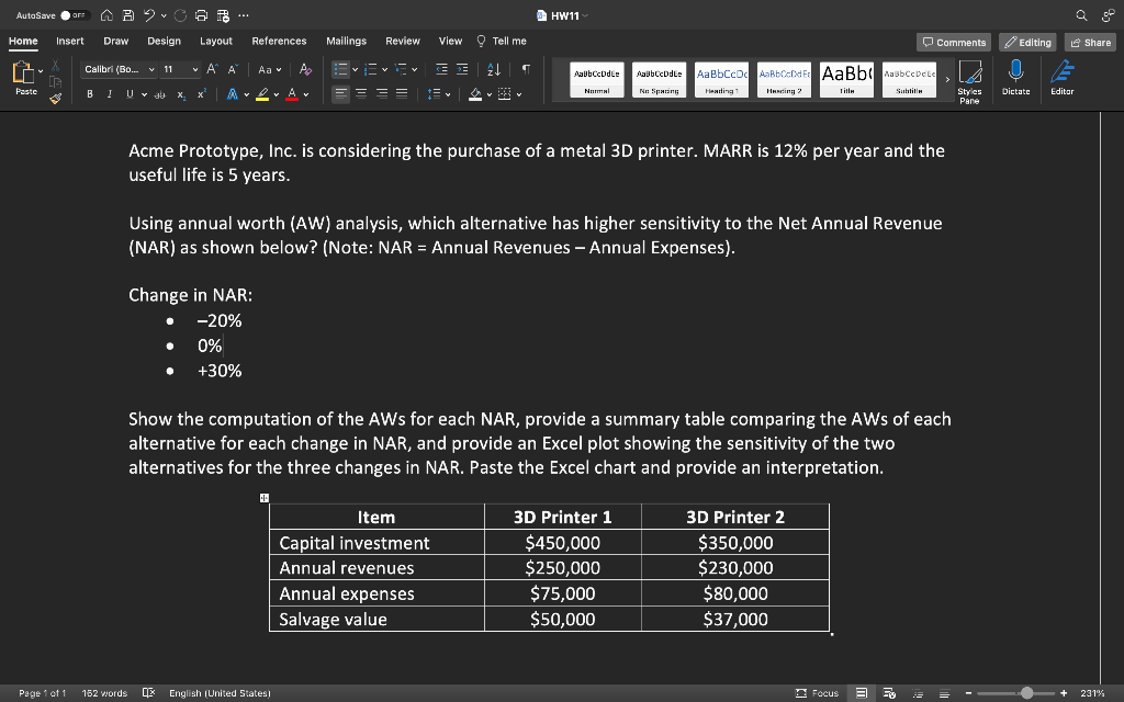 AutoSave OFF A B C 6 B -
Home Insert Draw Design
2
Paste
ď
CA
Page 1 of 1
Layout References
A A Aa
Calibri (Bo... 11
BỊ Ụ và X, xan
Change in NAR:
. -20%
0%
+30%
Y
152 words
Ao
Mailings Review View
English (United States)
VE
E
Tell me
¶
Item
Capital investment
Annual revenues
Annual expenses
Salvage value
HW11
AalbCcDdE
Normal
Acme Prototype, Inc. is considering the purchase of a metal 3D printer. MARR is 12% per year and the
useful life is 5 years.
Using annual worth (AW) analysis, which alternative has higher sensitivity to the Net Annual Revenue
(NAR) as shown below? (Note: NAR = Annual Revenues - Annual Expenses).
AalbCcDdEe
No Spacing
Show the computation of the AWs for each NAR, provide a summary table comparing the AWs of each
alternative for each change in NAR, and provide an Excel plot showing the sensitivity of the two
alternatives for the three changes in NAR. Paste the Excel chart and provide an interpretation.
Aa Bb CcDc AaBb CcDd Fr AaBb AabCcDctc
Heading
1
Hascing 2
Title
Subtitle
3D Printer 1
$450,000
$250,000
$75,000
$50,000
Comments
3D Printer 2
$350,000
$230,000
$80,000
$37,000
Focus 3 5%
Editing
Styles Dictate
Pane
F
Editar
Share
+231 %