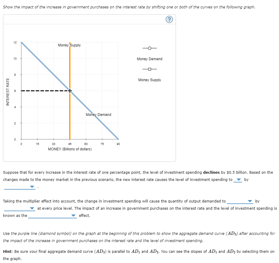 Show the impact of the increase in government purchases on the interest rate by shifting one or both of the curves on the following graph.
?
INTEREST RATE
12
10
00
CO
st
2
0
0
15
Money Supply
known as the
Money Demand
30
45
60
MONEY (Billions of dollars)
75
90
Money Demand
Money Supply
Suppose that for every increase in the interest rate of one percentage point, the level of investment spending declines by $0.5 billion. Based on the
changes made to the money market in the previous scenario, the new interest rate causes the level of investment spending to by
Taking the multiplier effect into account, the change in investment spending will cause the quantity of output demanded to
by
at every price level. The impact of an increase in government purchases on the interest rate and the level of investment spending is
effect.
Use the purple line (diamond symbol) on the graph at the beginning of this problem to show the aggregate demand curve (AD3) after accounting for
the impact of the increase in government purchases on the interest rate and the level of investment spending.
Hint: Be sure your final aggregate demand curve (AD3) is parallel to AD₁ and AD₂. You can see the slopes of AD₁ and AD2 by selecting them on
the graph.
