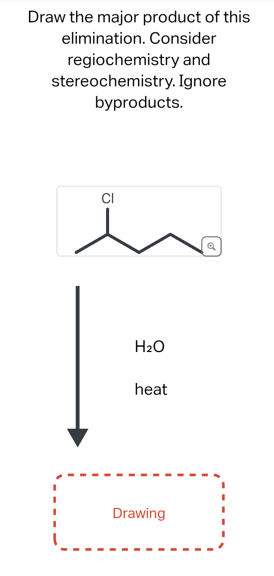 Draw the major product of this
elimination. Consider
regiochemistry and
stereochemistry. Ignore
byproducts.
CI
i
H₂O
heat
Drawing