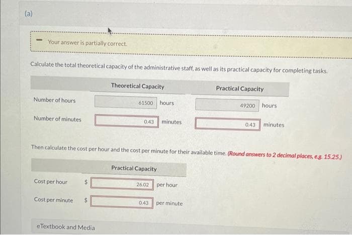 (a)
Your answer is partially correct.
Calculate the total theoretical capacity of the administrative staff, as well as its practical capacity for completing tasks.
Number of hours
Number of minutes
Cost per hour
Cost per minute $
Theoretical Capacity
eTextbook and Medial
61500 hours
0.43 minutes
Then calculate the cost per hour and the cost per minute for their available time. (Round answers to 2 decimal places, e.g. 15.25.)
Practical Capacity
26.02
0.43
per hour
Practical Capacity
per minute
49200 hours
0.43
minutes