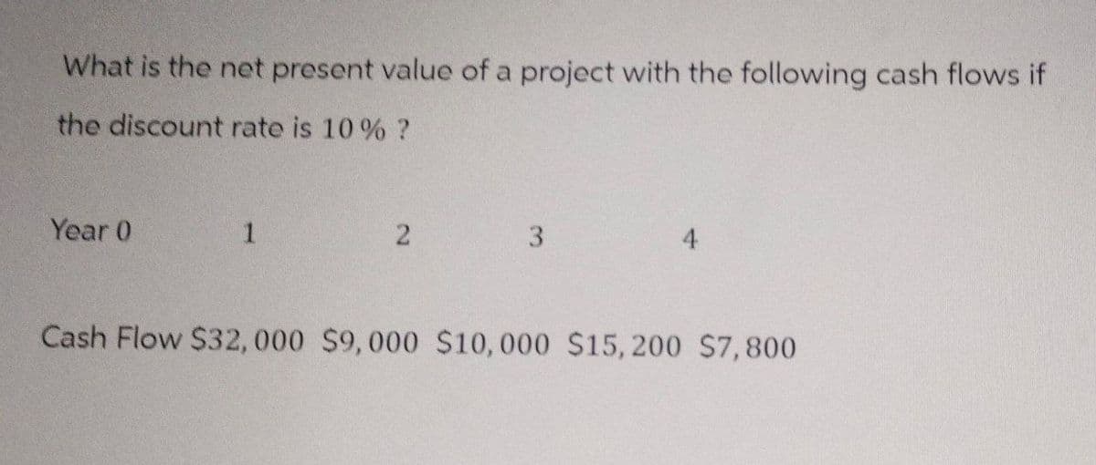 What is the net present value of a project with the following cash flows if
the discount rate is 10% ?
Year 0
1
2
3
4
Cash Flow $32,000 $9,000 $10,000 $15,200 $7,800