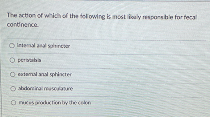 The action of which of the following is most likely responsible for fecal
continence.
O internal anal sphincter
O peristalsis
O external anal sphincter
O abdominal musculature
O mucus production by the colon
