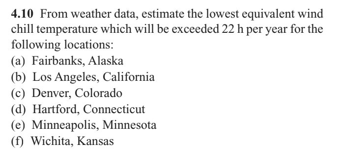 4.10 From weather data, estimate the lowest equivalent wind
chill temperature which will be exceeded 22 h per year for the
following locations:
(a) Fairbanks, Alaska
(b) Los Angeles, California
(c) Denver, Colorado
(d) Hartford, Connecticut
(e) Minneapolis, Minnesota
(f) Wichita, Kansas