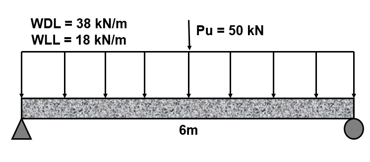 WDL = 38 kN/m
Pu = 50 kN
WLL = 18 kN/m
6m
