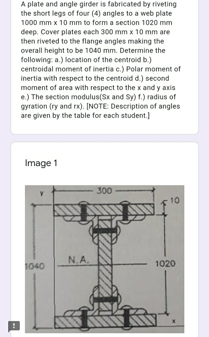 A plate and angle girder is fabricated by riveting
the short legs of four (4) angles to a web plate
1000 mm x 10 mm to form a section 1020 mm
deep. Cover plates each 300 mm x 10 mm are
then riveted to the flange angles making the
overall height to be 1040 mm. Determine the
following: a.) location of the centroid b.)
centroidal moment of inertia c.) Polar moment of
inertia with respect to the centroid d.) second
moment of area with respect to the x and y axis
e.) The section modulus(Sx and Sy) f.) radius of
gyration (ry and rx). [NOTE: Description of angles
are given by the table for each student.]
Image 1
300
y.
10
N.A.
1040
1020
