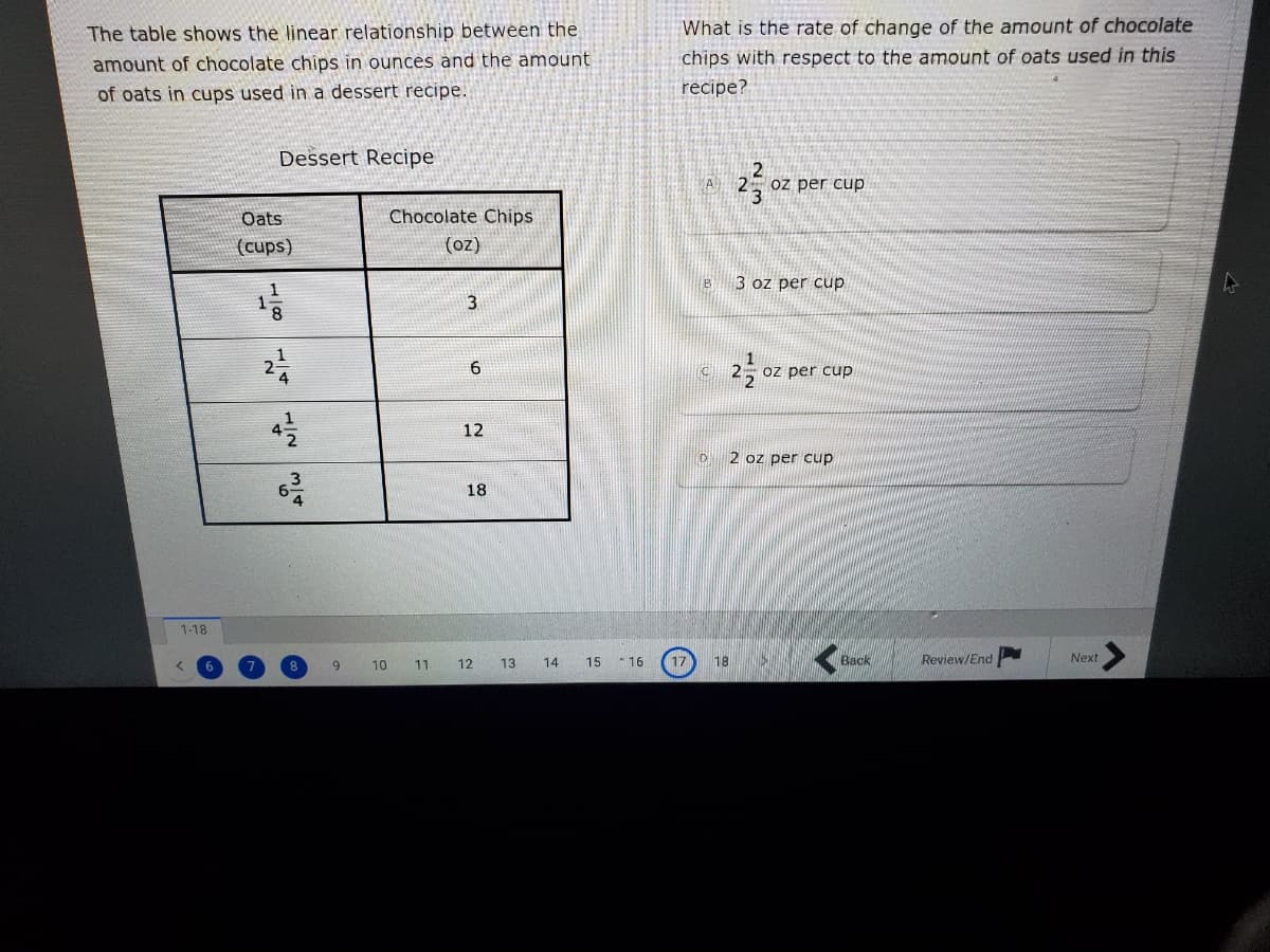 The table shows the linear relationship between the
What is the rate of change of the amount of chocolate
amount of chocolate chips in ounces and the amount
chips with respect to the amount of oats used in this
of oats in cups used in a dessert recipe.
recipe?
Dessert Recipe
oz per cup
Oats
Chocolate Chips
(cups)
(oz)
3 oz per cup
3
1
2, oz per cup
6.
12
2 oz per cup
18
1-18
12
13
14
15 16
17
18
Back
Review/End
Next
9
10
11
