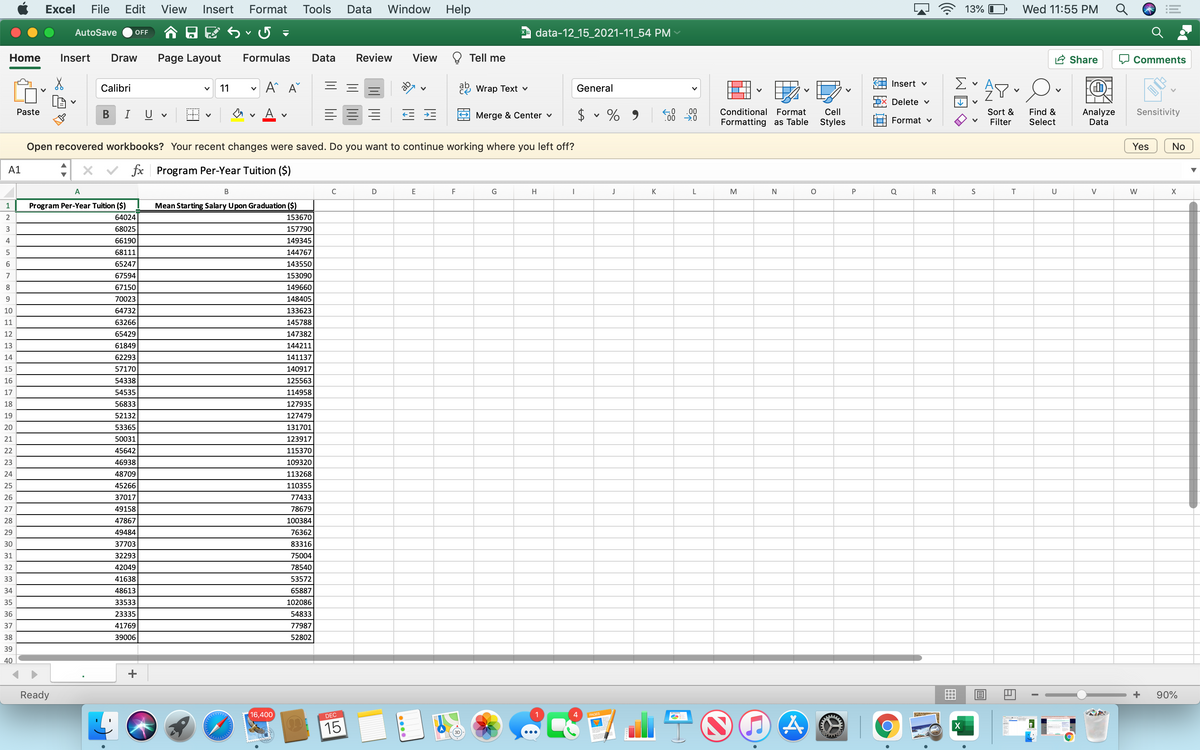 Excel
File
Edit
View
Insert
Format
Tools
Data
Window
Help
13% I
Wed 11:55 PM
AutoSave
A data-12_15_2021-11_54 PM
OFF
Home
Insert
Draw
Page Layout
Formulas
Data
Review
View
Tell me
A Share
Comments
卻。
ab
Insert v
Σ
Calibri
11
2 Wrap Text v
General
Delete v
$ • % 9
Conditional Format
A
Find &
Select
Analyze
Data
Paste
U
Merge & Center v
00
.00
Cell
Sort &
Sensitivity
Formatting as Table
Styles
Format v
Filter
Open recovered workbooks? Your recent changes were saved. Do you want to continue working where you left off?
Yes
No
A1
fx Program Per-Year Tuition ($)
A
C
D
F
G
H
J
K
L
M
Q
S
T.
U
W
1
Program Per-Year Tuition ($)
Mean Starting Salary Upon Graduation ($)
2
64024
153670
68025
157790
66190
149345
68111
144767
6.
65247
143550
7
67594
153090
8
67150
149660
9
70023
148405
10
64732
133623
11
63266
145788
12
65429
147382
13
61849
144211
14
62293
141137
15
57170
140917
16
54338
125563
17
54535
114958
18
56833
127935
19
52132
127479
20
53365
131701
21
50031
123917
22
45642
115370
23
46938
109320
24
48709
113268
25
45266
110355
26
37017
77433
27
49158
78679
28
47867
100384
29
49484
76362
30
37703
83316
31
32293
75004
32
42049
78540
33
41638
53572
34
48613
65887
35
33533
102086
36
23335
54833
37
41769
77987
38
39006
52802
39
40
+
Ready
90%
16,400
DEC
1
4
15
>
