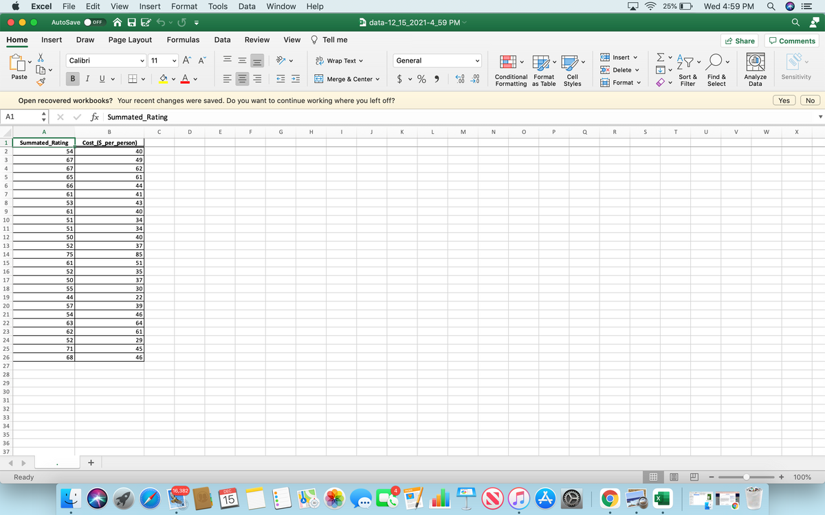 Excel
File
Edit
View
Insert
Format
Tools
Data
Window
Help
25% I
Wed 4:59 PM
AutoSave
A data-12 15_2021-4_59 PM v
OFF
Home
Insert
Draw
Page Layout
Formulas
Data
Review
View
Tell me
A Share
Comments
Insert v
Calibri
11
A A
ab
2 Wrap Text v
General
Delete v
$ v % 9
Conditional Format
Find &
.00
00 20
Analyze
Data
Paste
U
Merge & Center v
Cell
Sort &
Sensitivity
Formatting as Table
Styles
Format v
Filter
Select
Open recovered workbooks? Your recent changes were saved. Do you want to continue working where you left off?
Yes
No
A1
fx Summated_Rating
A
C
D
F
G
H
J
K
L
M
Q
U
V
W
1
Summated_Rating
Cost ($_per_person)
2
54
40
3
67
49
4
67
62
65
61
66
44
7
61
41
53
43
9.
61
40
10
51
34
11
51
34
12
50
40
13
52
37
14
75
85
15
61
51
16
52
35
17
50
37
18
55
30
19
44
22
20
57
39
21
54
46
22
63
64
23
62
61
24
52
29
25
71
45
26
68
46
27
28
29
30
31
32
33
34
35
36
37
+
Ready
100%
16,382
DEC
4
15
囲
P.
