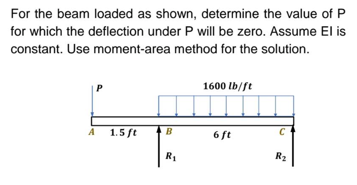 For the beam loaded as shown, determine the value of P
for which the deflection under P will be zero. Assume El is
constant. Use moment-area method for the solution.
P
A
1.5 ft
B
R₁
1600 lb/ft
6 ft
C
R₂