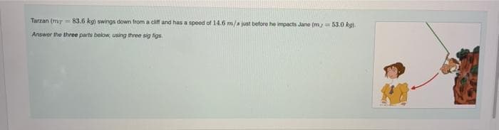 Tarzan (my 83.6 kg) swings down from a caff and has a speed of 14.6 m/s just before he impacts Jane (my 53.0 kg).
Answer the three parts below, using three sig figs.