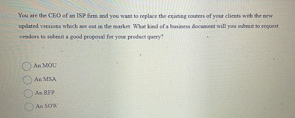 You are the CEO of an ISP firm and you want to replace the existing routers of your clients with the new
updated versions which are out in the market. What kind of a business document will you submit to request
vendors to submit a good proposal for your product query?
An MOU
An MSA
An RFP
An SOW