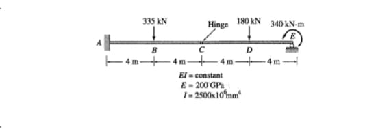 335 kN
Hinge
180 kN
340 kN-m
m
B
El = constant
E-200 GPa
I-2500x10mm*
D