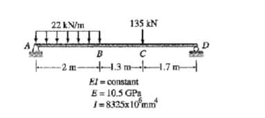 22 kN/m
135 kN
B
C
2 m 1.3 m 1.7m
El = constant
E = 10.5 GPA
1-8325x10°mm
D