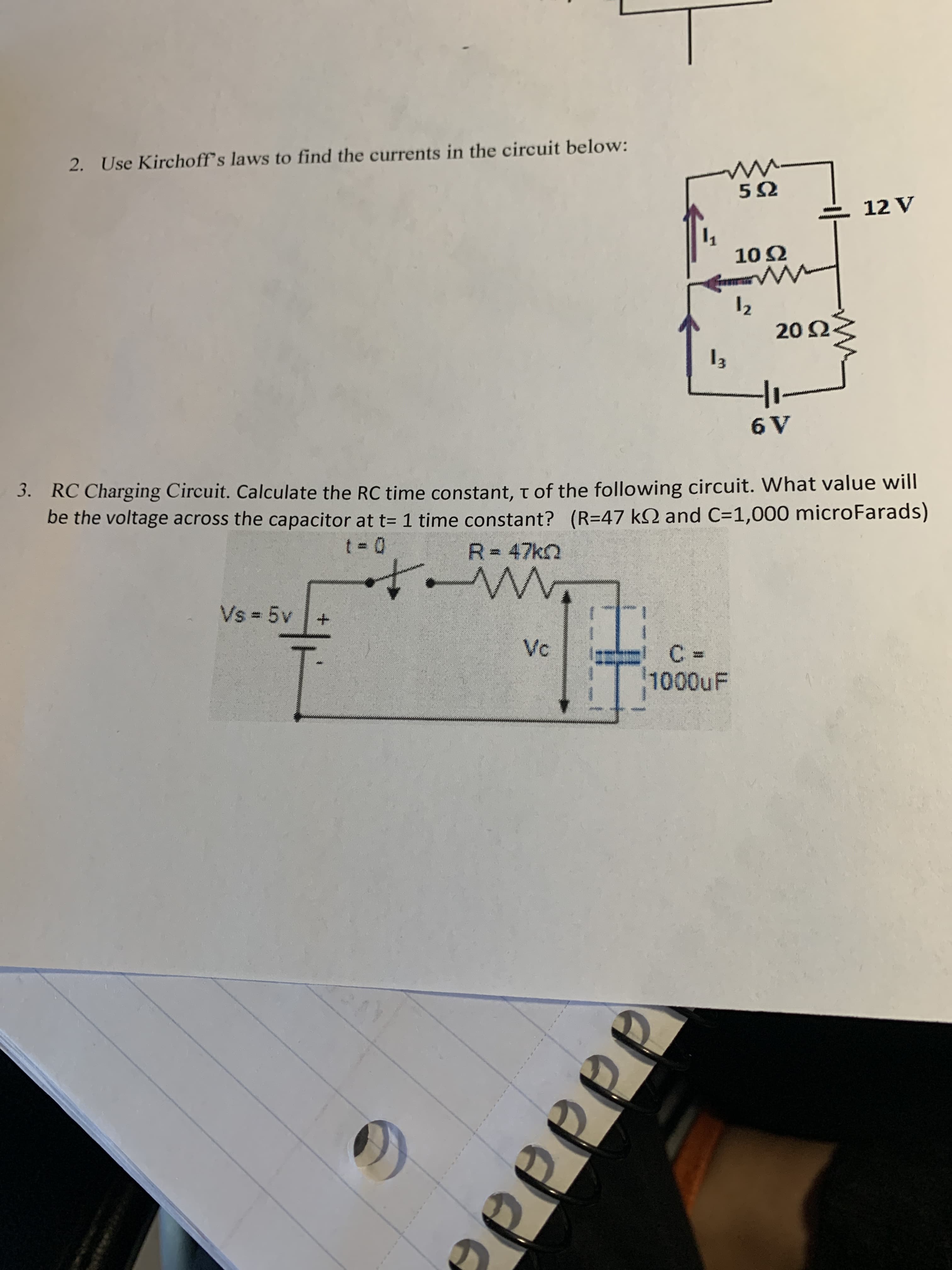 2. Use Kirchoff's laws to find the currents in the circuit below:
5Ω
12 V
10 2
20 Ως
13
6 V
