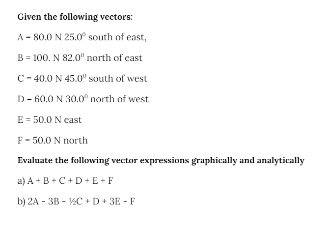 Given the following vectors:
A = 80.0 N 25.0° south of east,
B = 100. N 82.0° north of east
C = 40.0 N 45.0° south of west
D = 60.0 N 30.0° north of west
E = 50.0 N east
F = 50.0 N north
Evaluate the following vector expressions graphically and analytically
a) A + B + C + D + E + F
b) 2A - 3B - ½C + D + 3E - F
