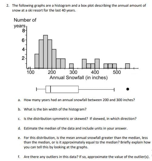 2. The following graphs are a histogram and a box plot describing the annual amount of
snow at a ski resort for the last 40 years.
Number of
years
8-
6
4
2-
300
Annual Snowfall (in inches)
100
200
400
500
a. How many years had an annual snowfall between 200 and 300 inches?
b. What is the bin width of the histogram?
c. Is the distribution symmetric or skewed? If skewed, in which direction?
d. Estimate the median of the data and include units in your answer.
e. For this distribution, is the mean annual snowfall greater than the median, less
than the median, or is it approximately equal to the median? Briefly explain how
you can tell this by looking at the graphs.
f. Are there any outliers in this data? If so, approximate the value of the outlier(s).
