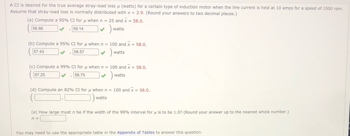 A CI is desired for the true average stray-load loss u (watts) for a certain type of induction motor when the line current is held at 10 amps for a speed of 1500 rpm.
Assume that stray-load loss is normally distributed with o = 2.9. (Round your answers to two decimal places.)
(a) Compute a 95% CI for u when n = 25 and x = 58.0.
56.86
59.14
watts
(b) Compute a 95% CI for µ when n = 100 and x = 58.0.
57.43
58.57
)
watts
(c) Compute a 99% CI for u when n = 100 and x = 58.0.
57.25
58.75
watts
(d) Compute an 82% CI for H when n = 100 and x = 58.0.
watts
(e) How large must n be if the width of the 99% interval for u is to be 1.0? (Round your answer up to the nearest whole number.)
n =
You may need to use the appropriate table in the Appendix of Tables to answer this question.
