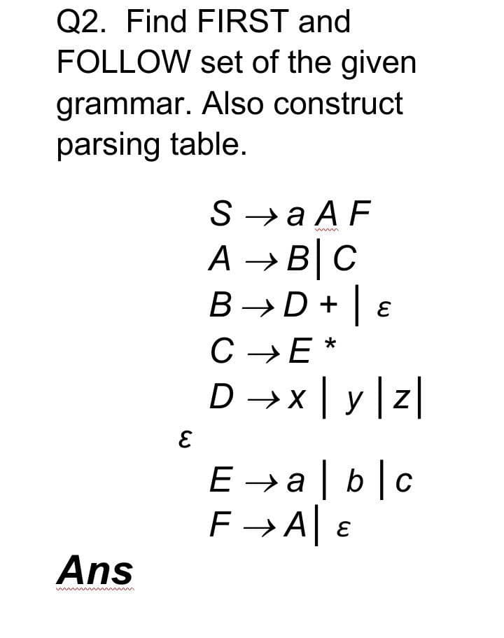 Q2. Find FIRST and
FOLLOW set of the given
grammar. Also construct
parsing table.
S →a A F
A → B|C
B →D + | ɛ
C →E*
D →x | y |z|
E →a | b |c
F →A| ɛ
Ans
ww
