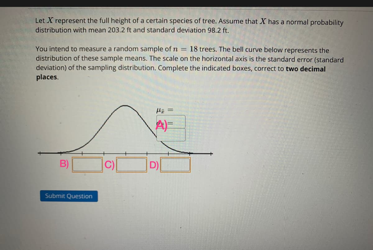 Let X represent the full height of a certain species of tree. Assume that X has a normal probability
distribution with mean 203.2 ft and standard deviation 98.2 ft.
18 trees. The bell curve below represents the
You intend to measure a random sample of n =
distribution of these sample means. The scale on the horizontal axis is the standard error (standard
deviation) of the sampling distribution. Complete the indicated boxes, correct to two decimal
places.
B)
Submit Question
