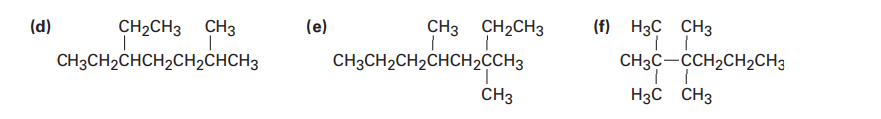 (d)
CH2CH3 CH3
(e)
CH3
CH2CH3
(f) H3C CH3
CH3CH2CHCH2CH2CHCH3
CH3CH2CH2CHCH2CCH3
CH3C-CCH2CH2CH3
CH3
H3C CH3
