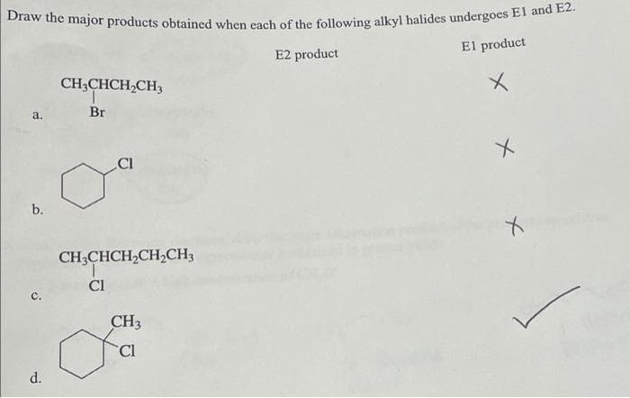 Draw the major products obtained when each of the following alkyl halides undergoes El and E2.
E2 product
El product
CH3CHCH₂CH3
X
Br
CI
CH3CHCH₂CH₂CH3
Cl
a
CH3
CI
b.
d.
X