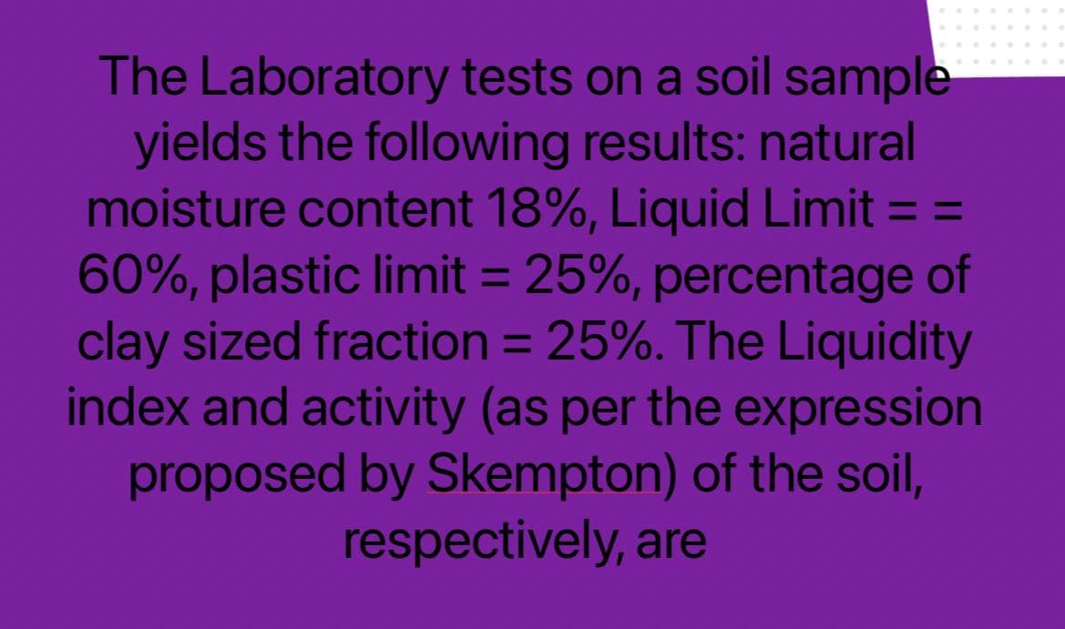 The Laboratory tests on a soil sample
yields the following results: natural
moisture content 18%, Liquid Limit = =
60%, plastic limit = 25%, percentage of
clay sized fraction = 25%. The Liquidity
index and activity (as per the expression
proposed by Skempton) of the soil,
respectively, are