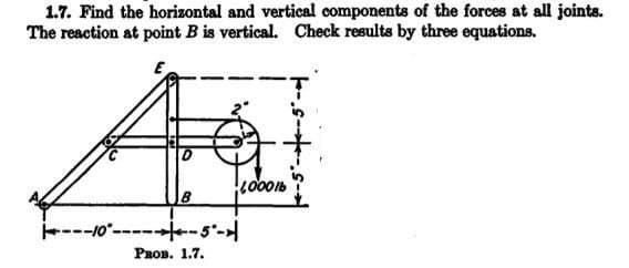 1.7. Find the horizontal and vertical components of the forces at all joints.
The reaction at point B is vertical. Check results by three equations.
B
---10"-----5-
Раов. 1.7.
