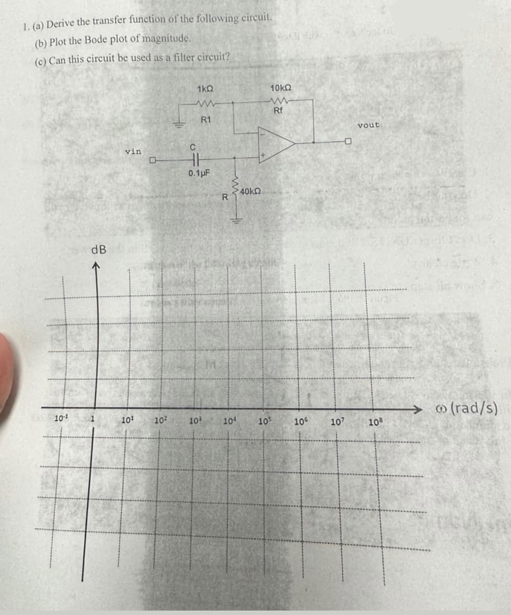 1. (a) Derive the transfer function of the following circuit.
(b) Plot the Bode plot of magnitude.
(c) Can this circuit be used as a filter circuit?
10-1
dB
1
vin
10¹
0
10²
1kQ
www
R1
UTO
C
HH
0.1μF
10³
R
*40ΚΩ
104
10kQ
www
Rf
105
106
0
107
vout
108
→ @ (rad/s)