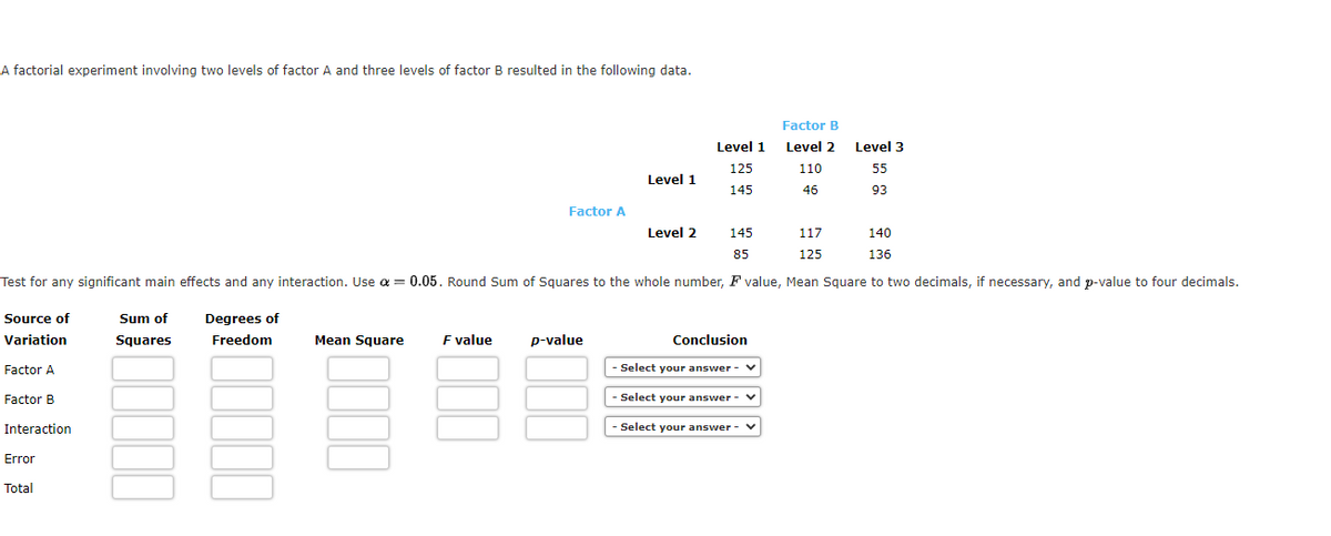 A factorial experiment involving two levels of factor A and three levels of factor B resulted in the following data.
Source of
Variation
Factor A
Factor B
Interaction
Error
Total
Sum of
Squares
145
140
85
136
Test for any significant main effects and any interaction. Use a = 0.05. Round Sum of Squares to the whole number, F value, Mean Square to two decimals, if necessary, and p-value to four decimals.
Degrees of
Freedom
Mean Square
Factor A
F value
Level 1
p-value
Level 2
Level 1
125
145
Factor B
Level 2
110
46
Conclusion
- Select your answer - V
- Select your answer - ✓
- Select your answer -
117
125
Level 3
55
93