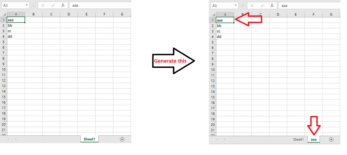 A1
fe
aaa
A1
fe
aaa
A
B
D
F
G
A
D
E
G
1 Jaaa
1 laaa
2 bb
2 bb
3 c
3 cc
4 dd
4 dd
5
5
6
7
7
8
8
Generate this
9
9
10
10
11
11
12
12
13
13
14
14
15
15
16
16
17
17
18
18
19
19
20
20
21
21
22
Sheet1
Sheet1
aaa

