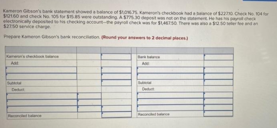 Kameron Gibson's bank statement showed a balance of $1,016.75. Kameron's checkbook had a balance of $22710. Check No. 104 for
$121.60 and check No. 105 for $15.85 were outstanding. A $775.30 deposit was not on the statement. He has his payroll check
electronically deposited to his checking account-the payroll check was for $1,467.50. There was also a $12.50 teller fee and an
$27.50 service charge.
Prepare Kameron Gibson's bank reconciliation. (Round your answers to 2 decimal places.)
Kameron's checkbook balance
Bank balance
Add:
Add:
Subtotal
Subtotal
Deduct:
Deduct
Reconciled balance
Reconciled balance
