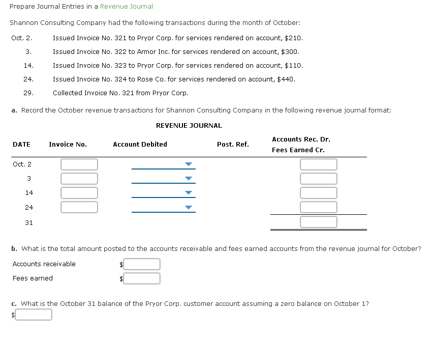 Prepare Journal Entries in a Revenue Journal
Shannon Consulting Company had the following transactions during the month of October:
Oct. 2.
Issued Invoice No. 321 to Pryor Corp. for services rendered on account, $210.
3.
Issued Invoice No. 322 to Armor Inc. for services rendered on account, $300.
14.
Issued Invoice No. 323 to Pryor Corp. for services rendered on account, $110.
24.
Issued Invoice No. 324 to Rose Co. for services rendered on account, $440.
29.
Collected Invoice No. 321 from Pryor Corp.
a. Record the October revenue transactions for Shannon Consulting Company in the following revenue journal format:
REVENUE JOURNAL
Accounts Rec. Dr.
DATE
Invoice No.
Account Debited
Post. Ref.
Fees Earned Cr.
Oct. 2
3
14
24
31
b. What is the total amount posted to the accounts receivable and fees earned accounts from the revenue journal for October?
Accounts receivable
Fees earned
c. What is the October 31 balance of the Pryor Corp. customer account assuming a zero balance on October 1?
$
