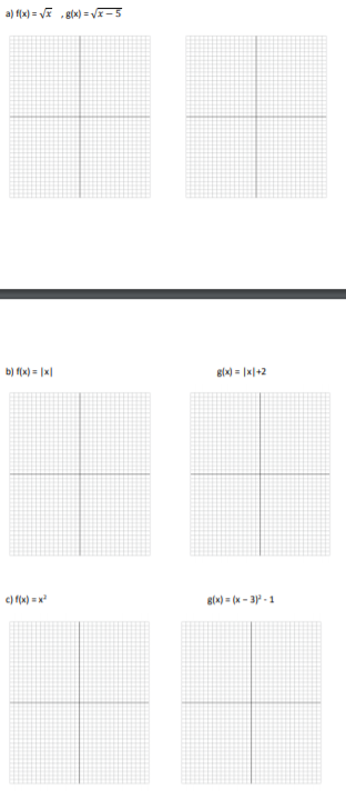 a) f(x) = V , Bx) = VI – 5
b) f(x) = |x|
glx) = |x|+2
c) f(x) = x
B(x) = (x - 3) - 1
