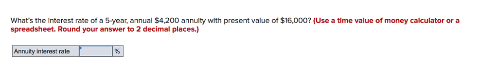 What's the interest rate of a 5-year, annual $4,200 annuity with present value of $16,000? (Use a time value of money calculator or a
spreadsheet. Round your answer to 2 decimal places.)
Annuity interest rate
%