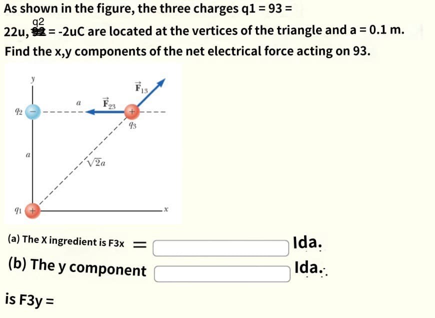 As shown in the figure, the three charges q1 = 93 =
92
22u,92=-2uC are located at the vertices of the triangle and a = 0.1 m.
Find the x,y components of the net electrical force acting on 93.
92
91
a
a F23
2a
F13
56
(a) The X ingredient is F3x =
(b) The y component
is F3y =
x
Ida.
Ida..