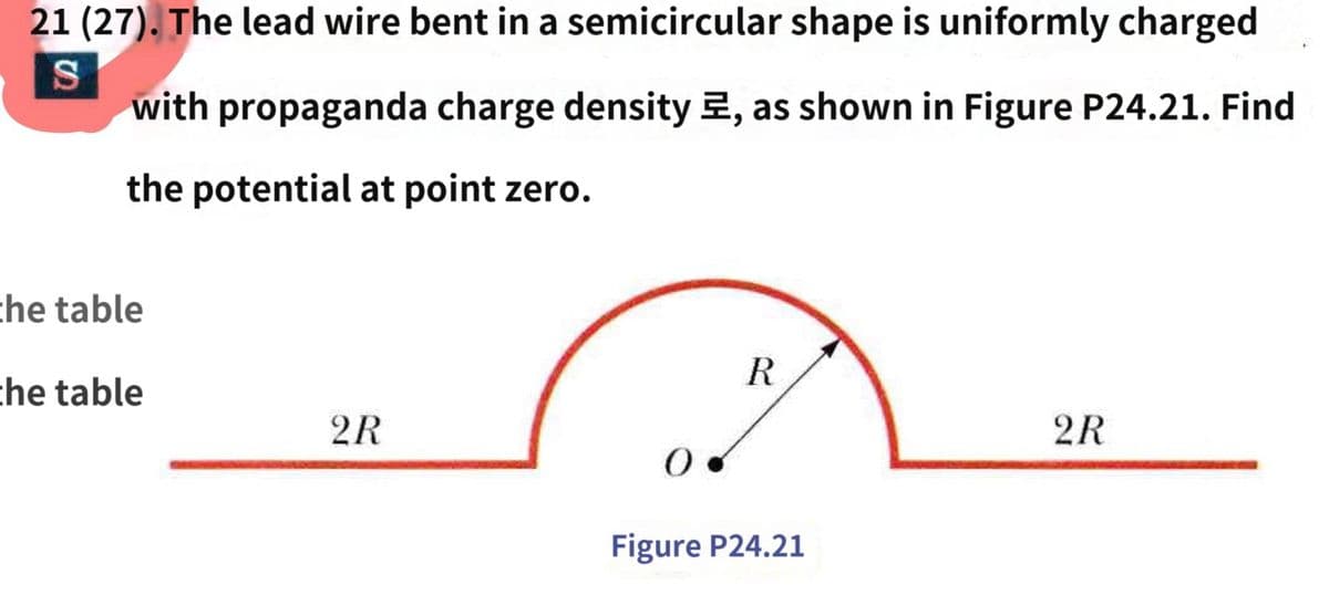 21 (27). The lead wire bent in a semicircular shape is uniformly charged
S
with propaganda charge density, as shown in Figure P24.21. Find
the potential at point zero.
the table
the table
2R
0.
R
Figure P24.21
2R