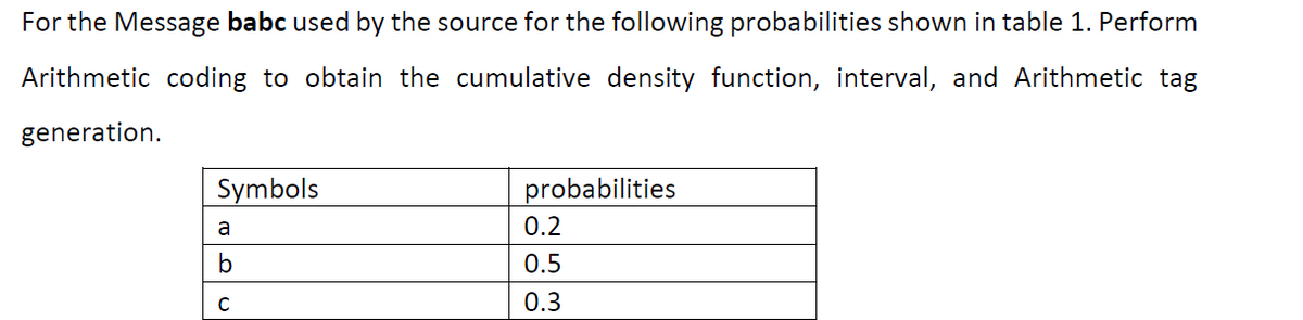 For the Message babc used by the source for the following probabilities shown in table 1. Perform
Arithmetic coding to obtain the cumulative density function, interval, and Arithmetic tag
generation.
Symbols
probabilities
a
0.2
b
0.5
C
0.3
