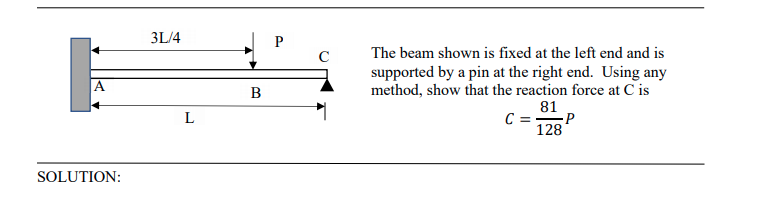 3L/4
C
The beam shown is fixed at the left end and is
supported by a pin at the right end. Using any
method, show that the reaction force at C is
A
В
81
C =P
128
L
SOLUTION:
