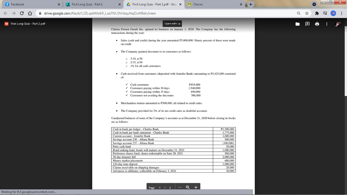 f Facebook
E First Long Quiz - Part 1
4 First Long Quiz - Part 2.pdf - Goo x
A Classes
A drive.google.com/file/d/12ZLxp6Wo69_LaoTNU3VrbquNqOcAfBdn/view
First Long Ouiz - Part 2.pdf
Open with -
Clariza Frozen Goods Inc. opened its business on January 1, 2020. The Company has the following
transactions during the year:
• Sales (cash and credit) during the year amounted P5,000,000. Ninety percent of these were made
on credit.
• The Company granted discounts to its customers as follows:
o 3/10, n/30
o 2/15, n/30
1% for all cash customers
Cash received from customers (deposited with Jennifer Bank) amounting to P3,425,000 consisted
of:
v Cash customers
Customers paying within 10 days
Customers paying within 15 days
v Customers not availing the discounts
P495,000
1,940,000
490,000
500,000
• Merchandise returms amounted to P500,000, all related to credit sales.
• The Company provided for 2% of its net credit sales as doubtful accounts.
Unadjusted balances of some of the Company's accounts as at December 31, 2020 before closing its books
are as follows:
Cash in bank per ledger - Charles Bank
Cash in bank per bank statement - Charles Bank
Current account - Jennifer Bank
Savings account 236 - Allana Bank
Savings account 237 - Allana Bank
Petty cash fund
Bond sinking fund, bonds will mature on December 31, 2021
Preference shares fund, shares redeemable on June 20, 2021
P1,500,000
1,775,000
1,000,000
500,000
(100,000)
50,000
1,000,000
500,000
30-day treasury bill
Money market placement
| 120-day time deposit
Claims receivable on shipping damages
Advances to affiliates, collectible on February 3, 2021
2,000,000
600,000
1,000,000
20.000
30,000
Page 1 / 2
Q +
Waiting for Ih3.googleusercontent.com.
