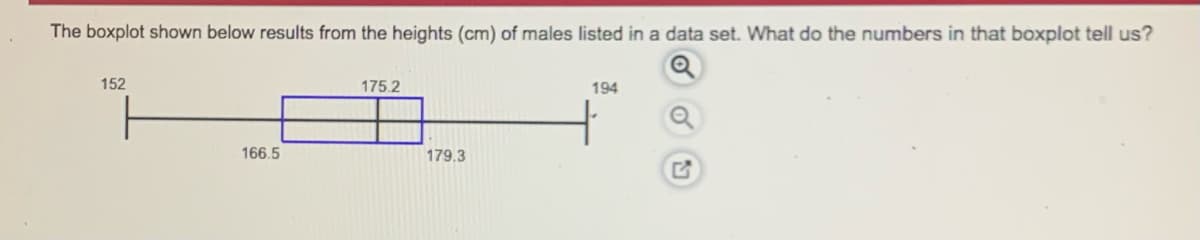 The boxplot shown below results from the heights (cm) of males listed in a data set. What do the numbers in that boxplot tell us?
152
175.2
194
166.5
179.3
