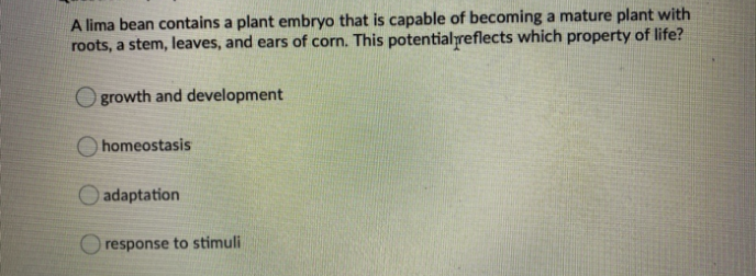 A lima bean contains a plant embryo that is capable of becoming a mature plant with
roots, a stem, leaves, and ears of corn. This potential reflects which property of life?
Ogrowth and development
homeostasis
adaptation
response to stimuli