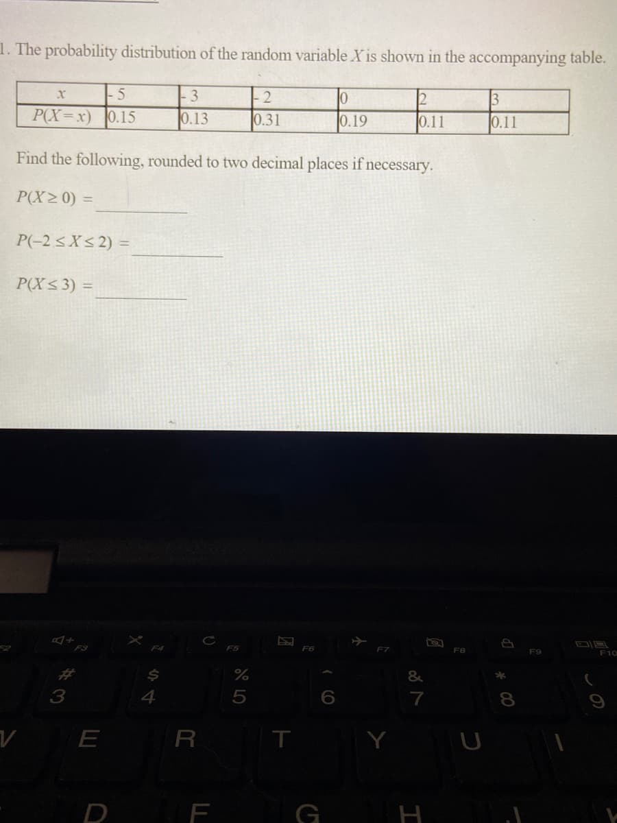 1. The probability distribution of the random variable X is shown in the accompanying table.
- 5
- 2
0.31
P(X=x) 0.15
0.13
0.19
0.11
0.11
Find the following, rounded to two decimal places if necessary.
P(X20) =
P(-2<X< 2) =
P(X< 3) =
F3
F4
F5
F6
F8
F9
F10
%23
&
4
7
R T
F
G
H
