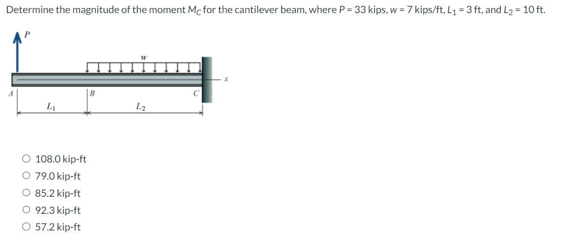 Determine the magnitude of the moment Mc for the cantilever beam, where P = 33 kips, w = 7 kips/ft, L₁ = 3 ft, and L₂ = 10 ft.
A
L₁
O 108.0 kip-ft
O 79.0 kip-ft
O 85.2 kip-ft
O 92.3 kip-ft
O 57.2 kip-ft
W
L2
X