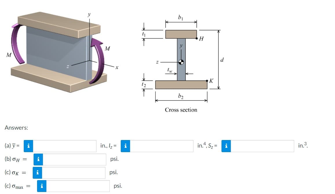 M
Answers:
(a) y =
i
(b)GH =
(c) OK =
(c) max
i
i
M
in., I₂ = i
psi.
psi.
psi.
1₁
12
Tw
b₂
Cross section
H
K
in.4, S₂ =
i
in.³.