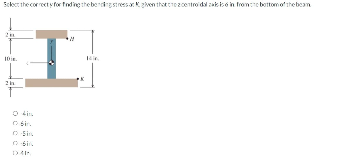 Select the correct y for finding the bending stress at K, given that the z centroidal axis is 6 in. from the bottom of the beam.
2 in.
10 in.
2 in.
O -4 in.
O 6 in.
O -5 in.
O -6 in.
O 4 in.
H
.K
14 in.