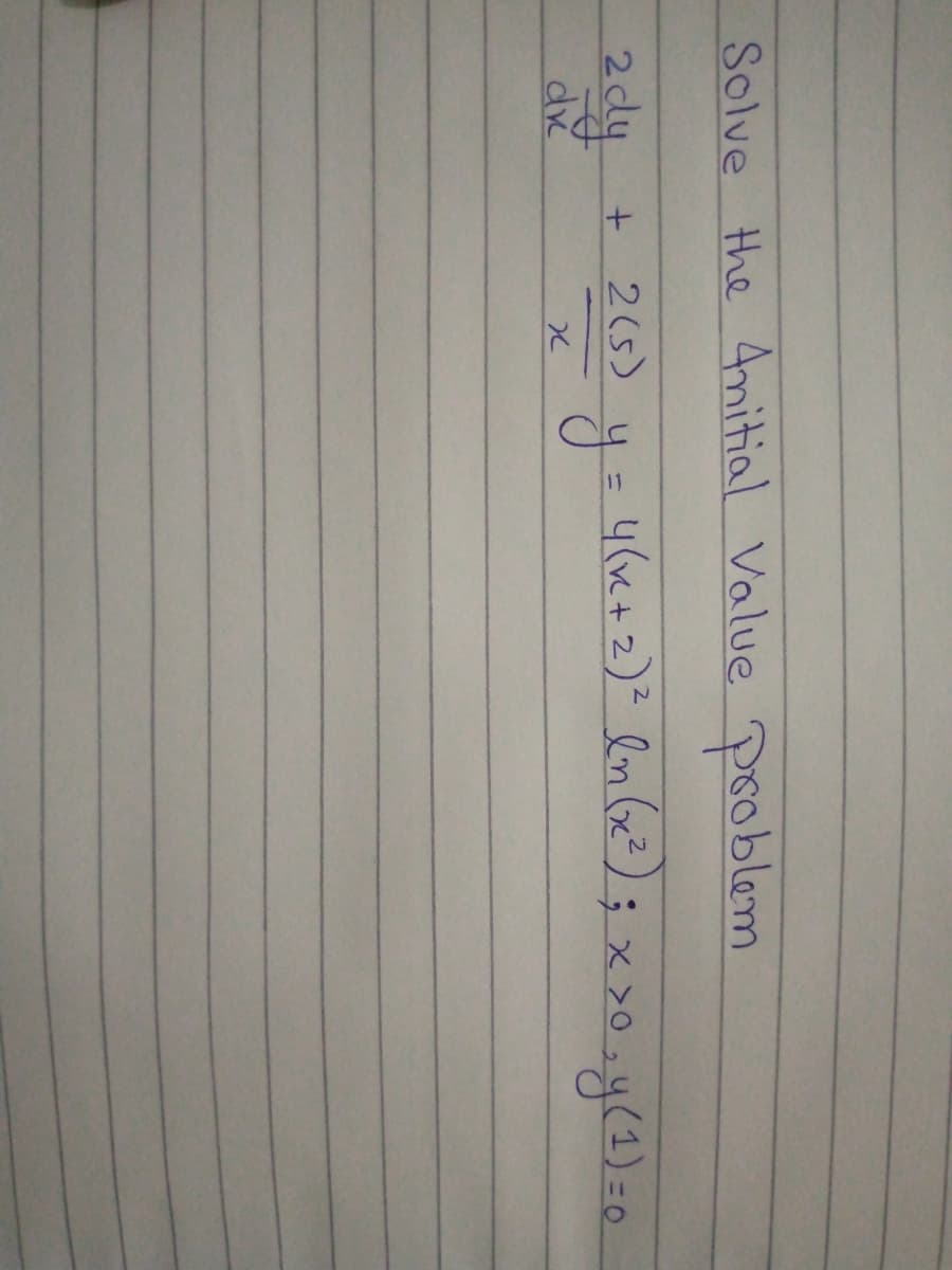 Solve the 4mitial Value Problem
4/K+2)² ln (x²) ; x >0 ,y(1)=0
3 x ४0 -म0)20
2(5)
2dy +
%3D
