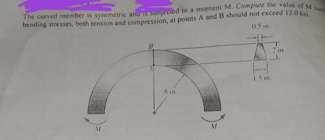 The curved member is symmetric and is subjected to a moment M. Compute the value of M such
bending stresses, both tension and compression, at points A and B should not exceed 12.0 ksi.
0.5 in.
B
M
8 in.
M
1.5 in.
2 in.